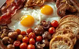 full breakfast plate, eggs, bacon, sausages, roasted tomatoes, mushrooms, sourdough toast