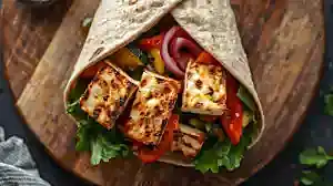 full halloumi & roasted veg wrap, grilled halloumi, roasted vegetables, mixed leaves, soft wrap