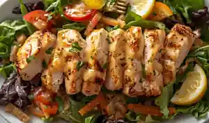 grilled chicken & greens, grilled chicken breast, mixed leaves, seasonal vegetables, house dressing