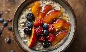 porridge with seasonal fruit, creamy oats, fresh seasonal fruit, honey